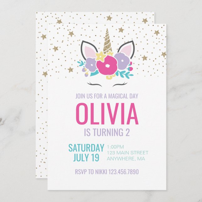 Flores de arcoiris mágicas unicornio Invitación de (Anverso / Reverso)