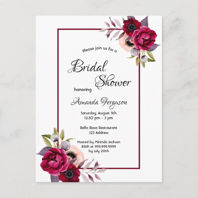 Flores de Borgoña Boho invitación a la ducha de no (Anverso)