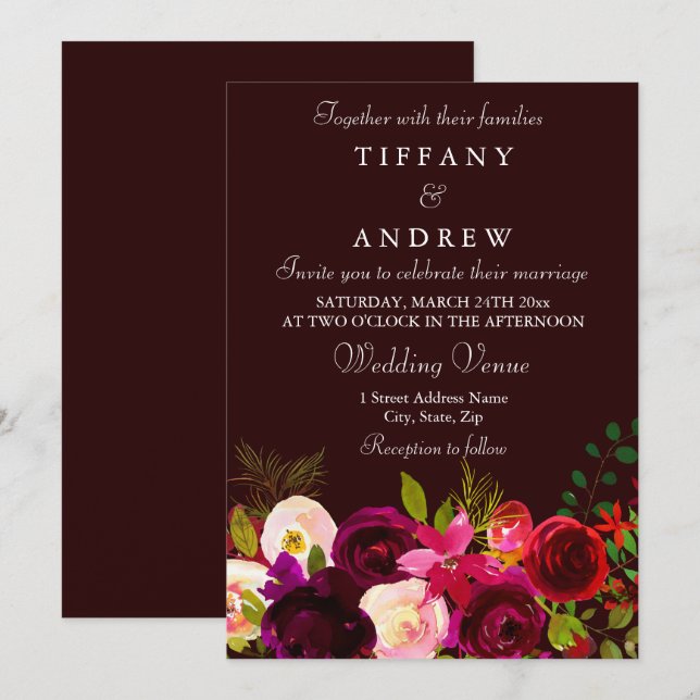 Flores de Borgoña Profunda Invitación a la Boda El (Anverso / Reverso)