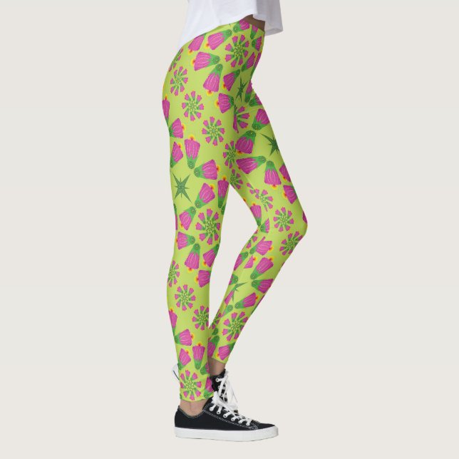 Flores de Campana Retro Mandalas Leggings Verdes (Derecha)