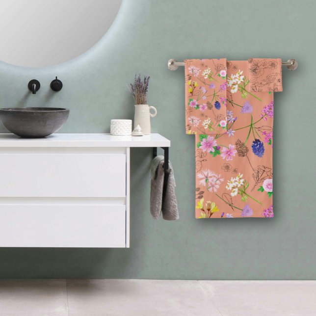 Flores de campo, pintadas a mano en acuarela, nara (Field flowers, hand-painted in watercolour, orange bath towel set
)