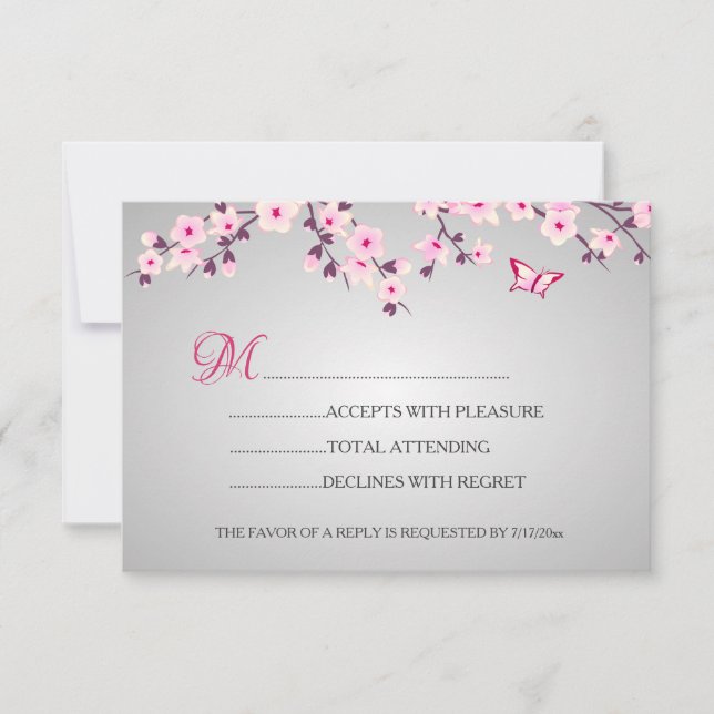 Flores de cerezo Baby Shower gris rosa RSVP (Anverso)
