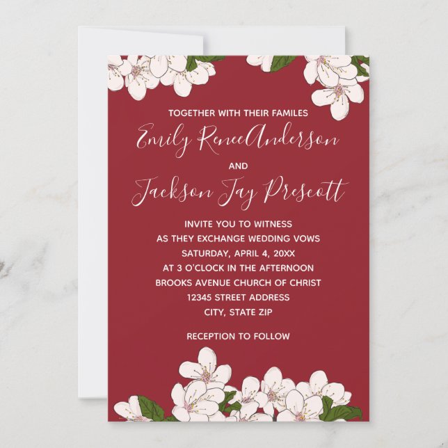 Flores de Cerezo Rojas - Invitación de Boda (Anverso)