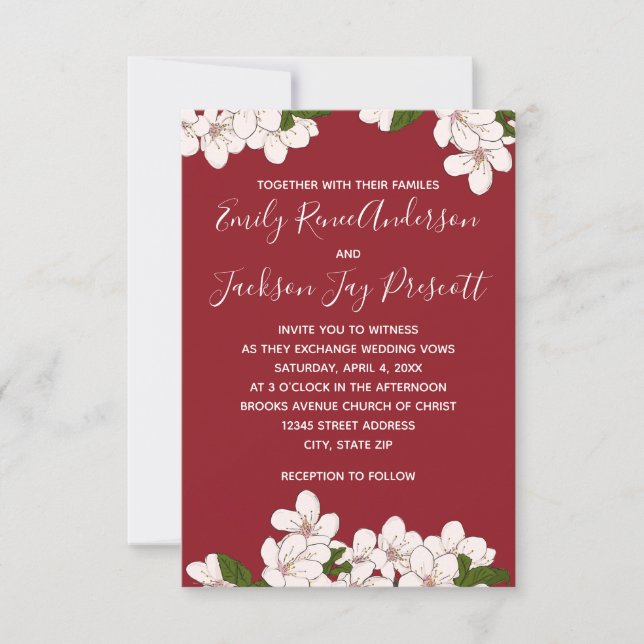 Flores de Cerezo Rojas - Invitación de Boda 3x5 (Anverso)