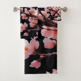 Flores de cerezo rosa|Negro |Conjunto de toallas d