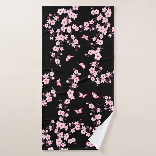 Flores de cerezo rosadas negro (Toalla de baño)