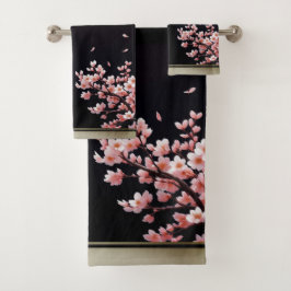 Flores de cerezo rosado - Negro/Oro - Juego de toa