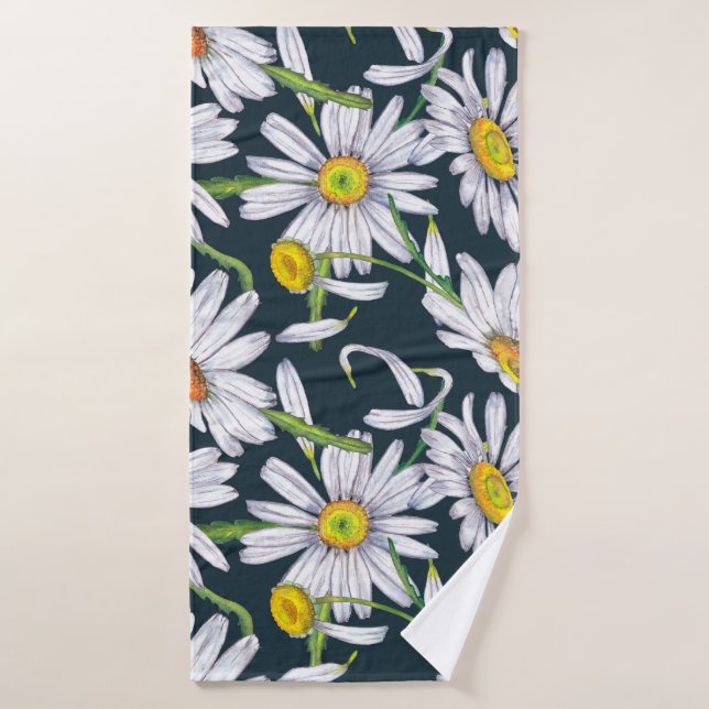 Flores De Chamomile: Acuarela Azul Oscuro. (Toalla de baño)