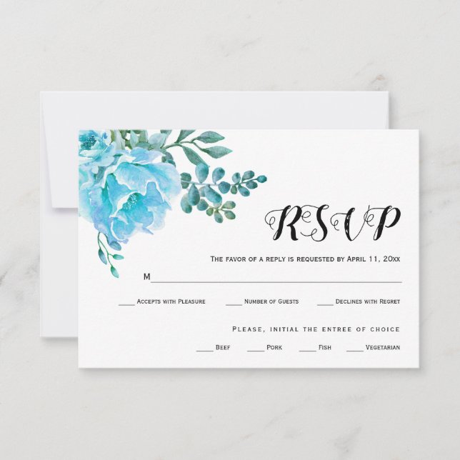 Flores de color azul boda RSVP tarjeta (Anverso)