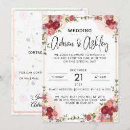 flores de color de agua invitaciones de boda rojas