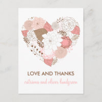 Flores de corazón rosado y marrón gracias postal