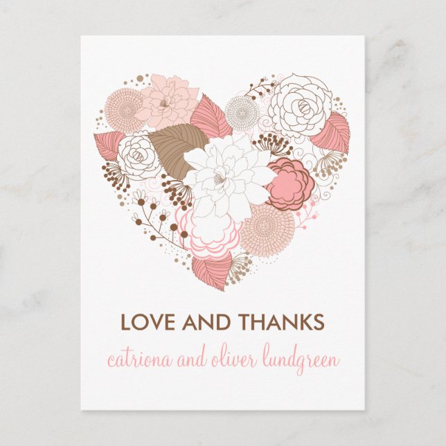 Flores de corazón rosado y marrón gracias postal (Anverso)