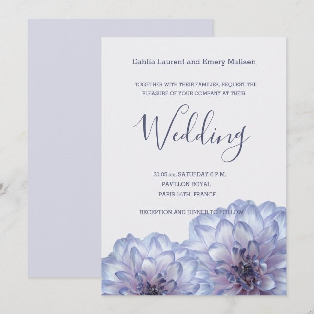 Flores de Dahlia Invitación a la boda de Lilac Blu (Anverso / Reverso)