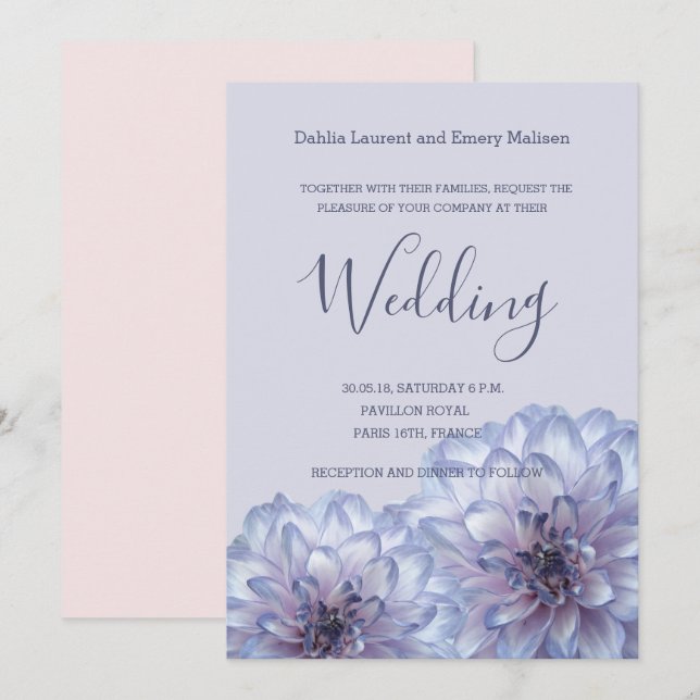 Flores de Dahlia invitación a la boda rosa azul li (Anverso / Reverso)