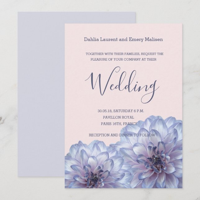 Flores de Dahlia invitación a la boda rosa azul li (Anverso / Reverso)