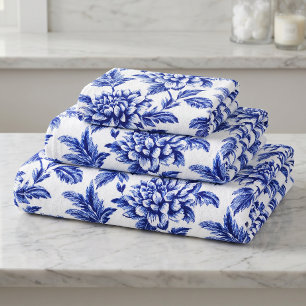 Flores de Dalia Azules y Blancas Toile de Jouy