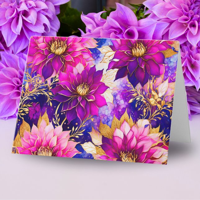 Flores de Dalia Rosa Púrpura con Tinta Alcohólica  (Send vibrant floral greetings with this stunning dahlia flowers note card.)