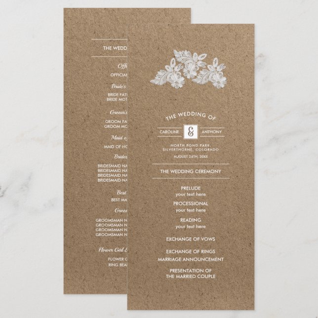 Flores de Encaje | Programas de Boda en Papel Kraf (Anverso / Reverso)