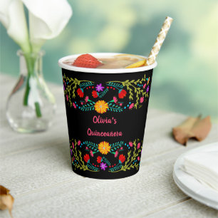 Flores de Fiesta Mexicana Vasos de Papel Negro