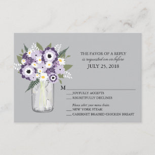 Flores de gris morado Mason Jar   RSVP de boda