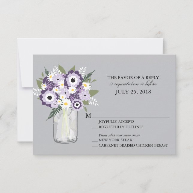 Flores de gris morado Mason Jar | RSVP de boda (Anverso)