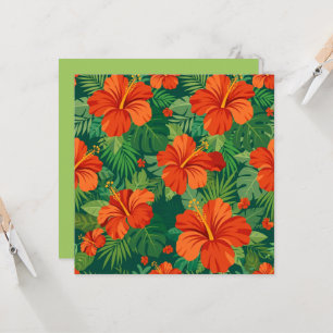 Flores de Hibisco Rojo Naranja Verde Follaje de la