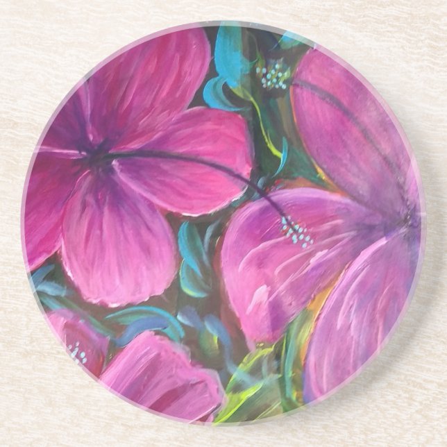 Flores de Hibisco Rosado pintura Posavasos (Frente)