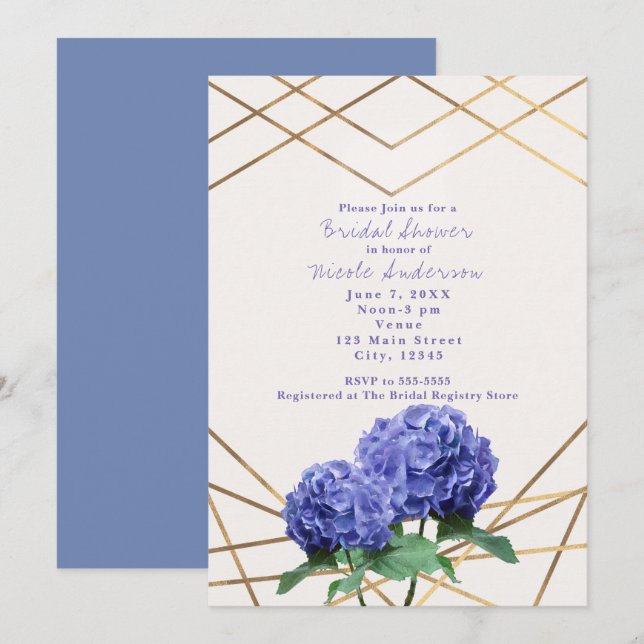Flores de Hortensia y Líneas Doradas Invitaciones  (Anverso / Reverso)