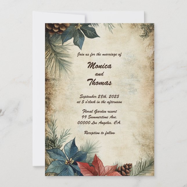 Flores de invierno acuarelas: Invitación a la boda (Anverso)