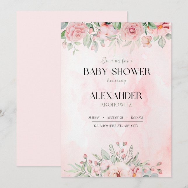 flores de invitación a la ducha de bebé rosa elega (Anverso / Reverso)