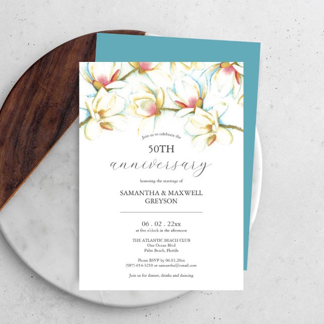 Flores de invitaciones al 50° aniversario del Boda (50th wedding anniversary invitations floral watercolor art by Victoria Grigaliunas Do Tell A Belle)