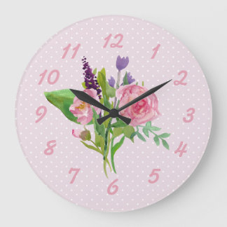 Flores de la acuarela y reloj de pared rosados del