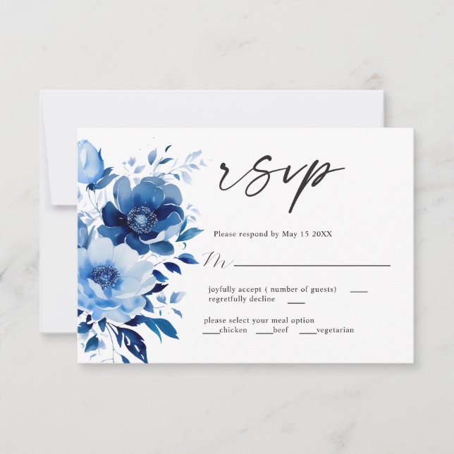 Flores de la tarjeta RSVP de la boda azul (Anverso)