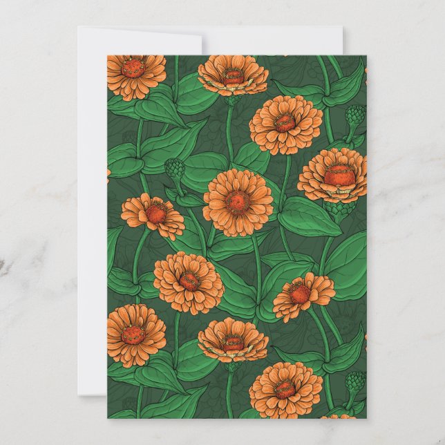 flores de la zinnia naranja, hojas verdes sobre ve (Anverso)