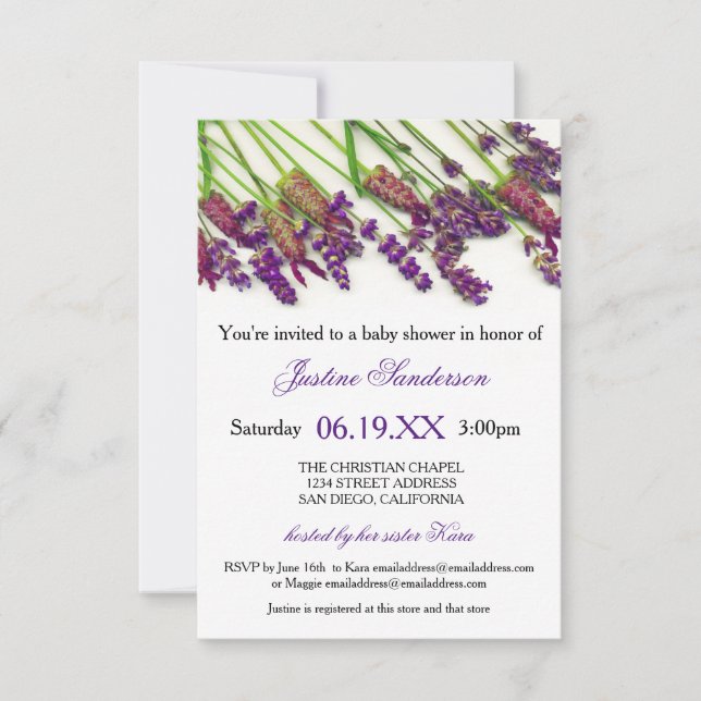 Flores de lavanda - Invitación para baby shower de (Anverso)