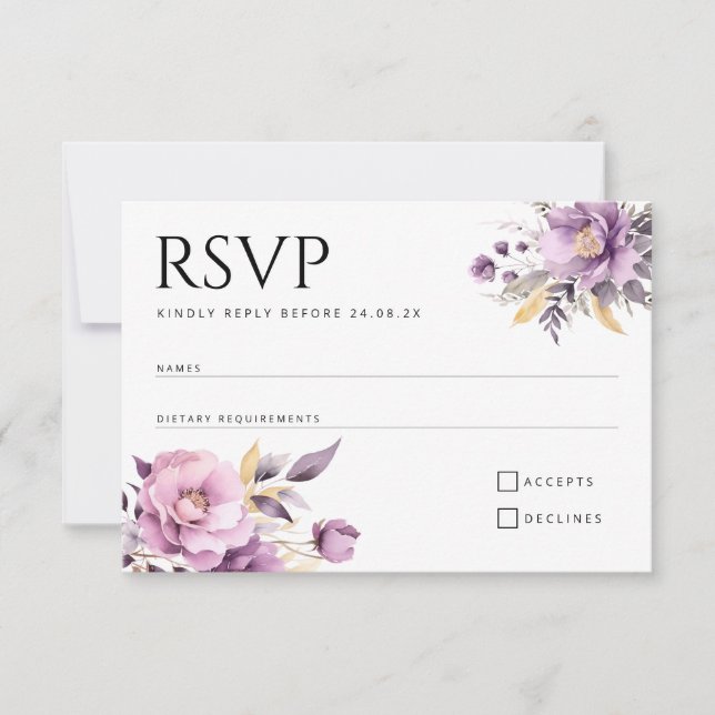 Flores de lila elegantes boda RSVP (Anverso)