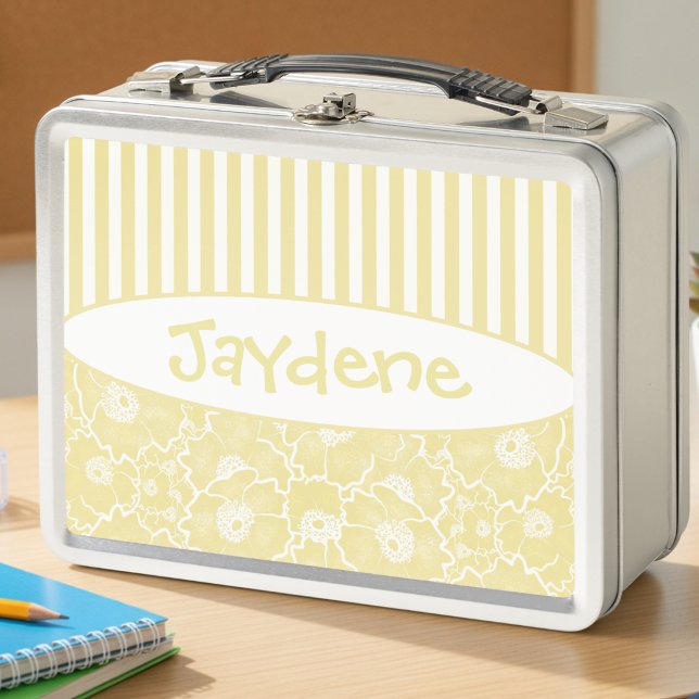 Flores De Limón Y Crema Con Rayas (Lemon yellow stripes & flowers lunchbox. Name Jaydene, fully customizable.)