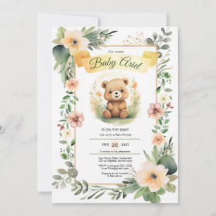 Flores de madera adorable oso bebé invitación a la