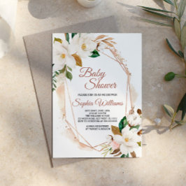 Flores de Magnolia e Invitación Baby Shower de oro