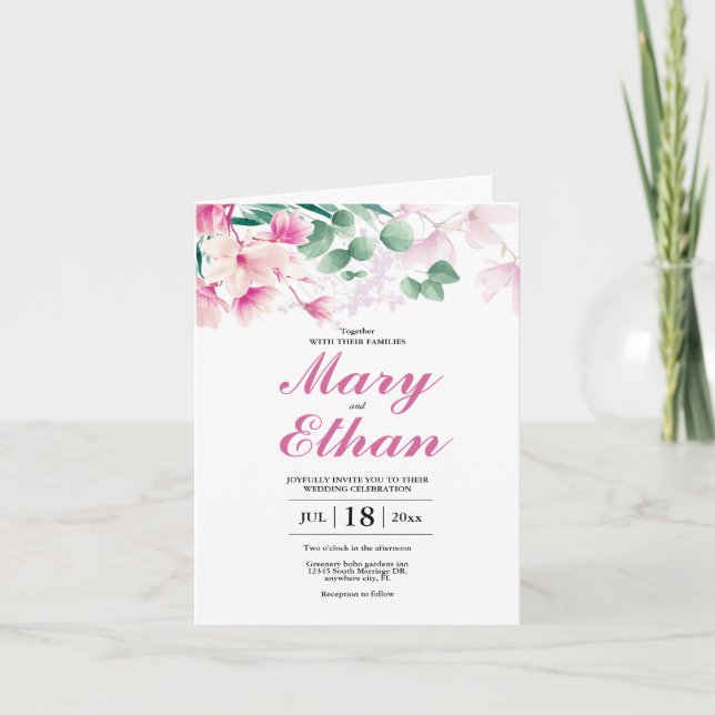 Flores de magnolia rosa invitación natural Boda (Anverso)