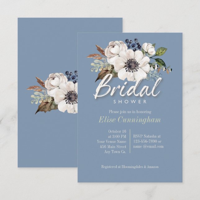 Flores de marfil sobre invitaciones a la ducha de  (Anverso / Reverso)