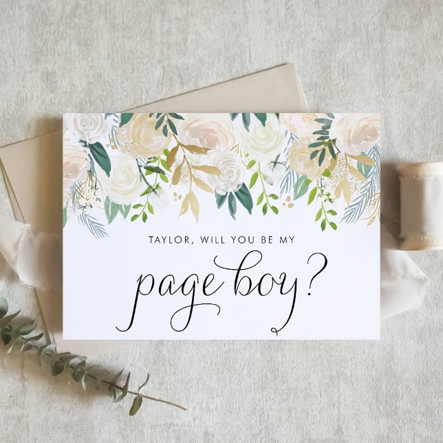 Flores De Marfil Suaves Serás Mi Chico De La Págin (Charming floral page boy proposal card with ivory flowers, greenery, and faux gold foil accents.)