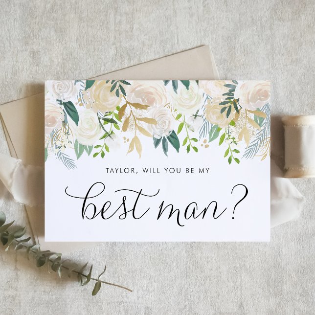 Flores De Marfil Suaves Serás Mi Mejor Hombre (Elegant Best Man proposal card with watercolor flowers in neutral shades and greenery.)