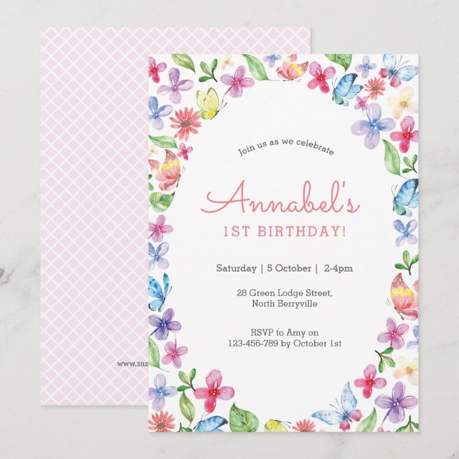 Flores de mariposa Invitación de cumpleaños (Anverso / Reverso)