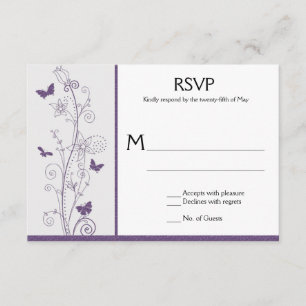 Flores de mariposas moradas giran sobre RSVP gris