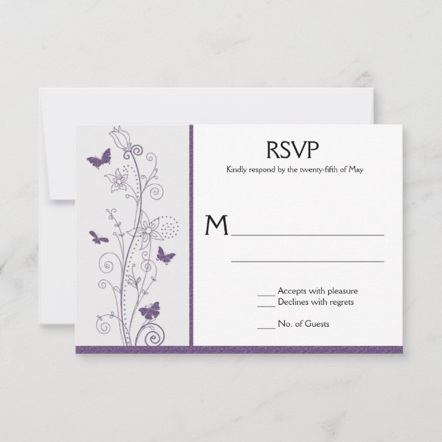 Flores de mariposas moradas giran sobre RSVP gris (Anverso)