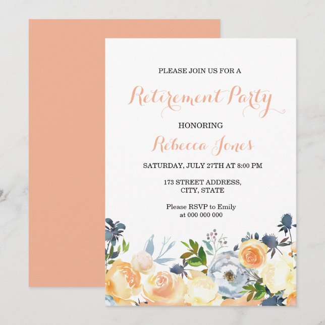 Flores de Melocotón Elegante Invitación del Partid (Anverso / Reverso)