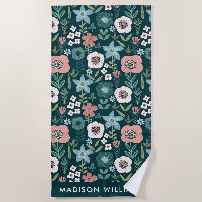 Flores De Monograma Toalla Elegante De Playa (Anverso)