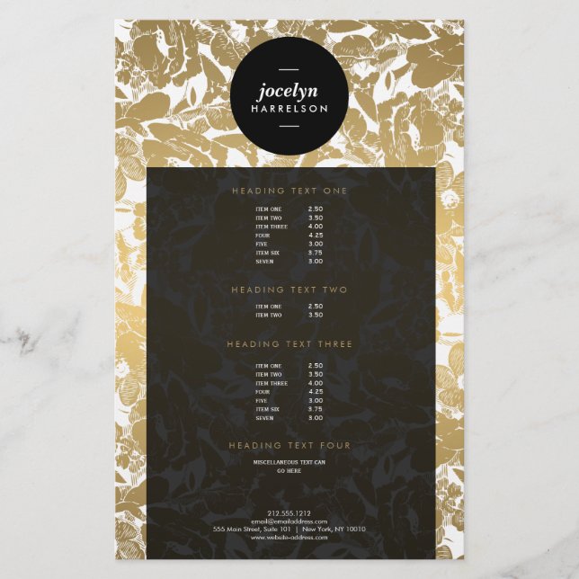 Flores de oro modernas volantes en círculo negro (Frente)