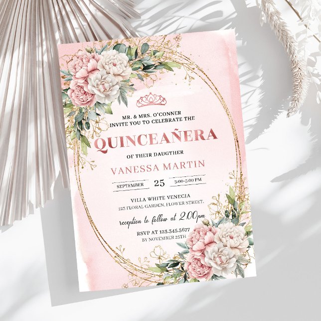 Flores de oro rosa Vegetación Invitación Quince (Rose Gold Flowers Greenery Quince Invitation)